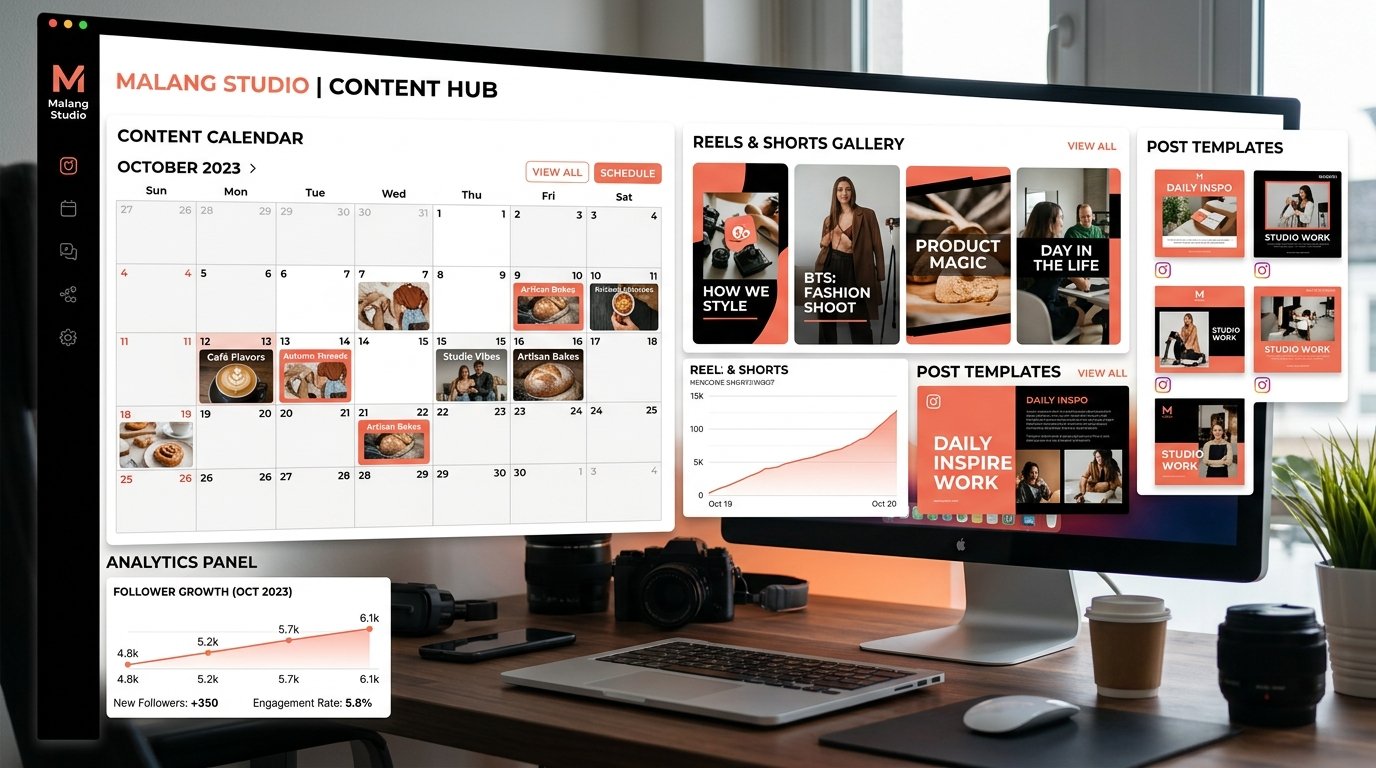 Malang Studio content calendar and Instagram engagement dashboard.