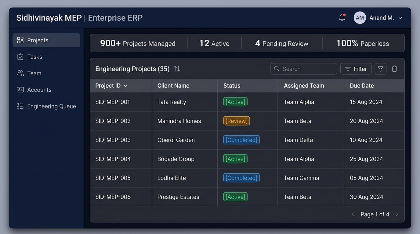 Enterprise ERP dashboard for Sidhivinayak MEP showing active project rosters and status charts.