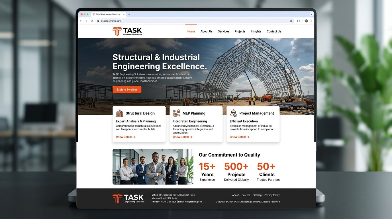 TASK Engineering Solutions corporate website homepage and brand identity kit.