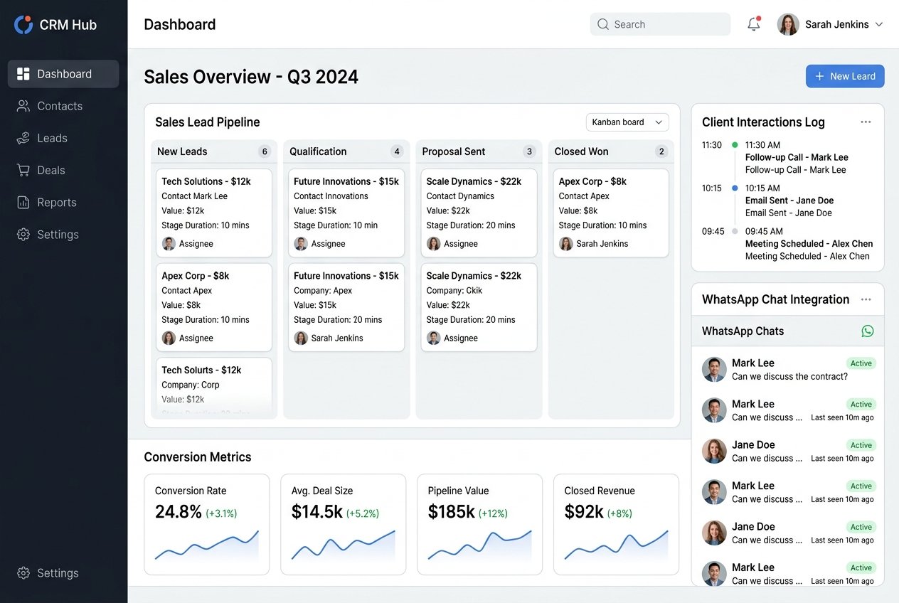 WhatsApp CRM Automation enterprise software dashboard mockup